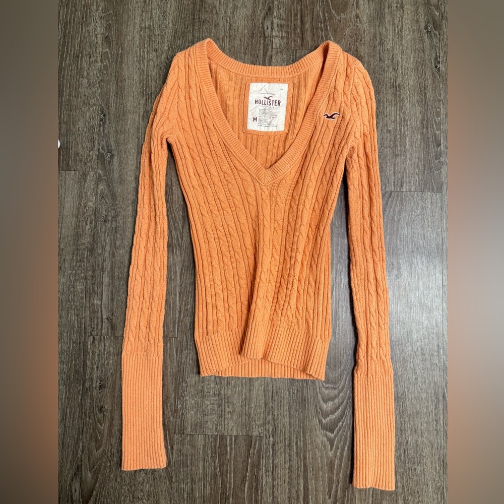 Hollister Orange Cable Knit V Neck Sweater Women M Fitted Y2K Preppy Long Sleeve